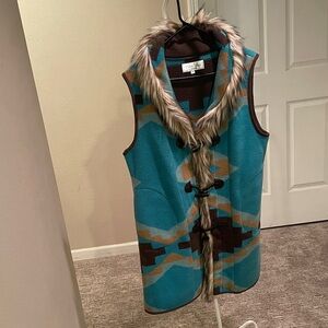 Tasha Polizzi Blue and Brown Vest with Fur Trim